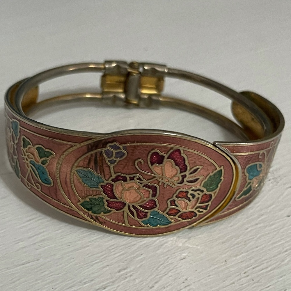 Vintage Cloisonné Floral Enamel Hinged Bangle Bracelet – Boho Statement - Picture 5 of 8
